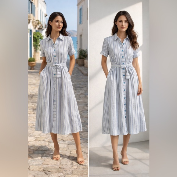 knee length dresses for ladies Roade Porto Blue Stripe Linen Midi Dress Organic Sustainable – The Fairnest main image 1